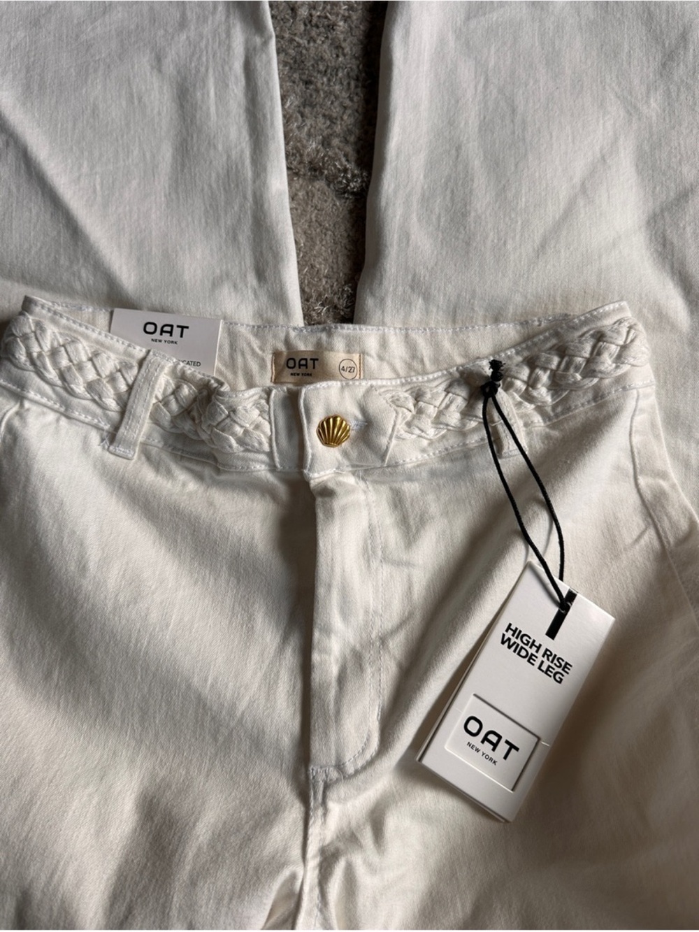 Oat New York High-Rise Wide Leg Jeans in White with Braided Waistband
